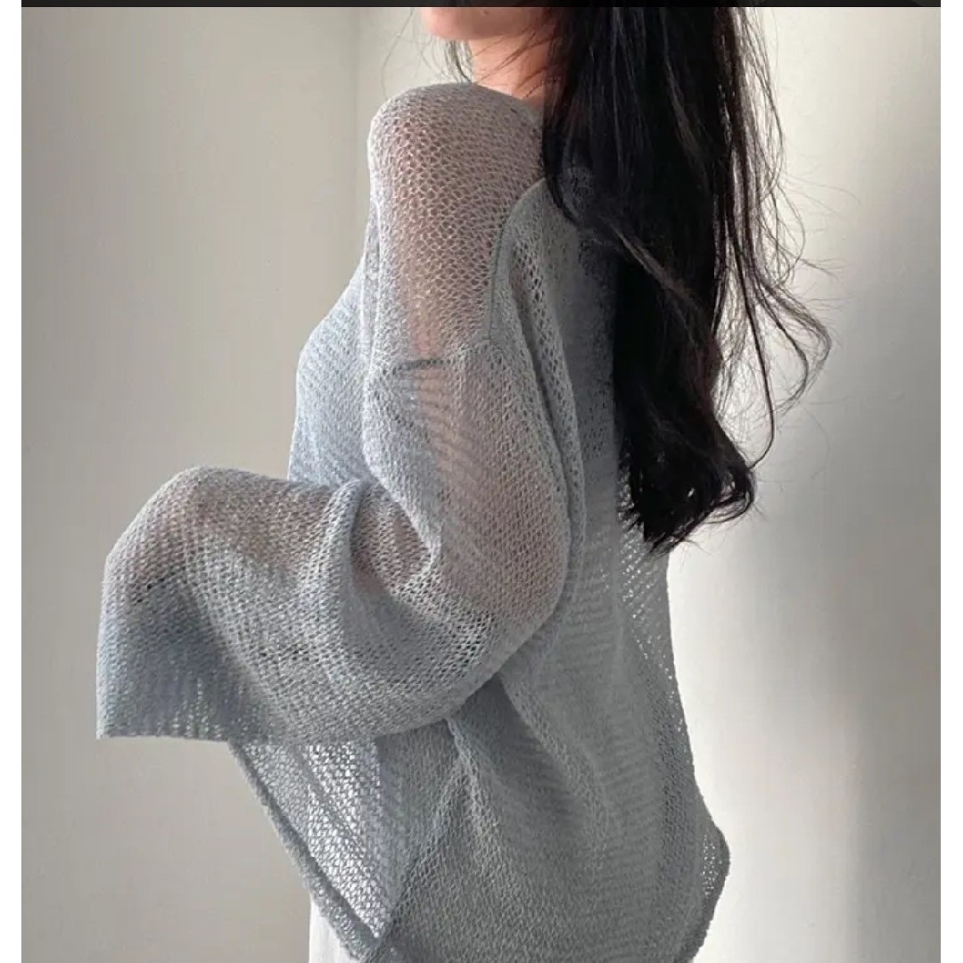 【グレー】メッシュニット　透かし編み　プルオーバー レディースのトップス(ニット/セーター)の商品写真