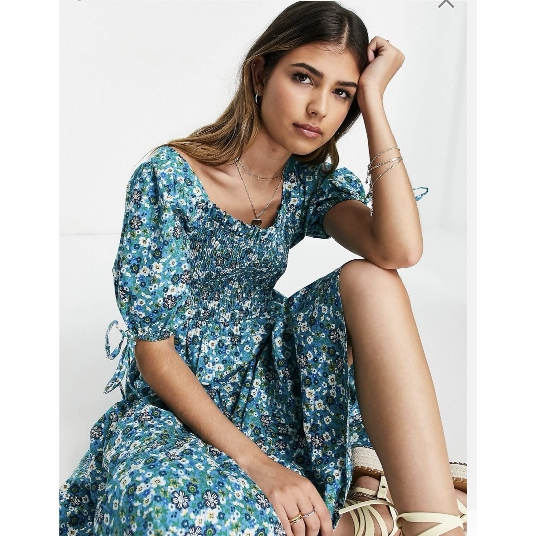 asos(エイソス)のASOS 花柄 袖ボリューム スクエアネックワンピース UK8 レディースのワンピース(ロングワンピース/マキシワンピース)の商品写真