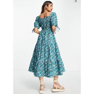 エイソス(asos)のASOS 花柄 袖ボリューム スクエアネックワンピース UK8(ロングワンピース/マキシワンピース)