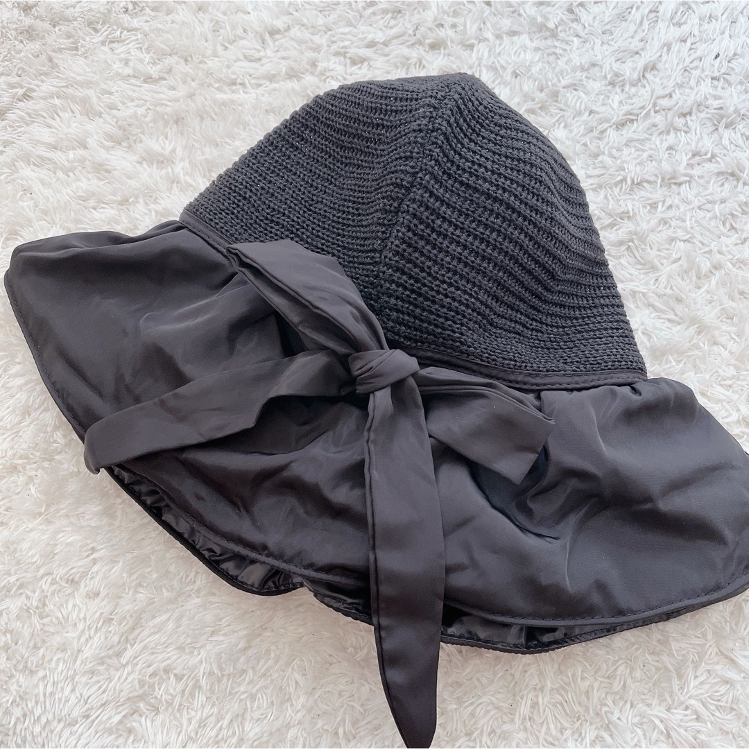 麦わら帽子　レディース　UVカット　紫外線　日焼け　ブラック　つば広　リボン　黒 レディースの帽子(麦わら帽子/ストローハット)の商品写真