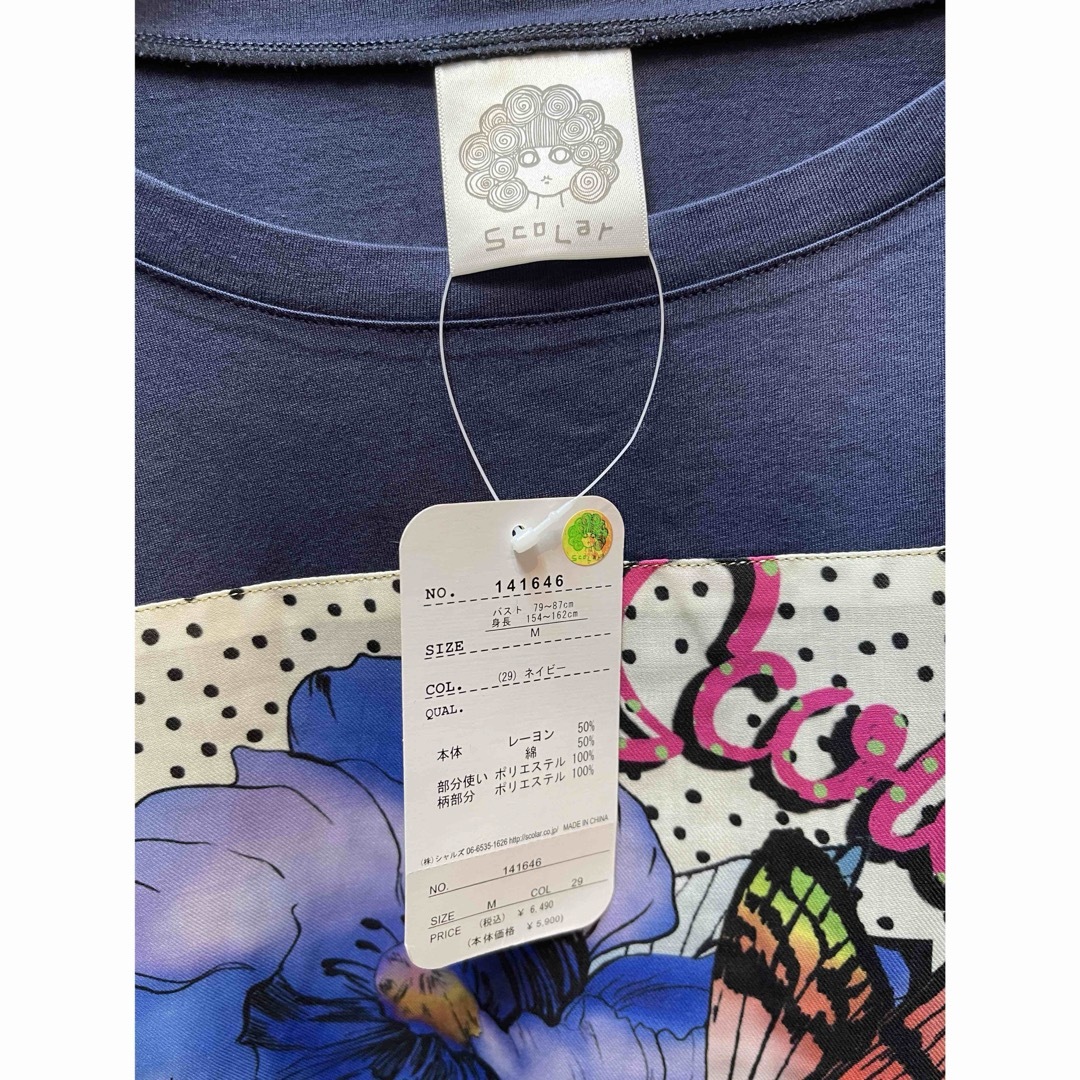 ScoLar(スカラー)のスカラー　141646：花蝶柄アップリケ アシンメトリー裾ドットシフォンT レディースのトップス(Tシャツ(半袖/袖なし))の商品写真