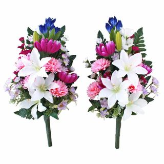 山久 造花 仏花 ユリとりんどうと小菊の花束 一対 約43cm お墓 仏壇 CT(その他)