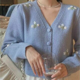 新品 レディース 春 ニット カーディガン 水色 ブルー 花柄 刺繍 韓国(カーディガン)