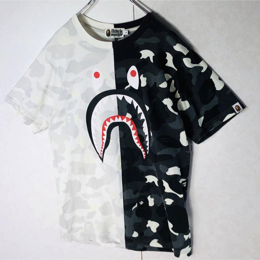 A BATHING APE(アベイシングエイプ)の【人気デザイン】アベイシングエイプ シャークロゴ バイカラー サルカモ 白黒 メンズのトップス(Tシャツ/カットソー(半袖/袖なし))の商品写真