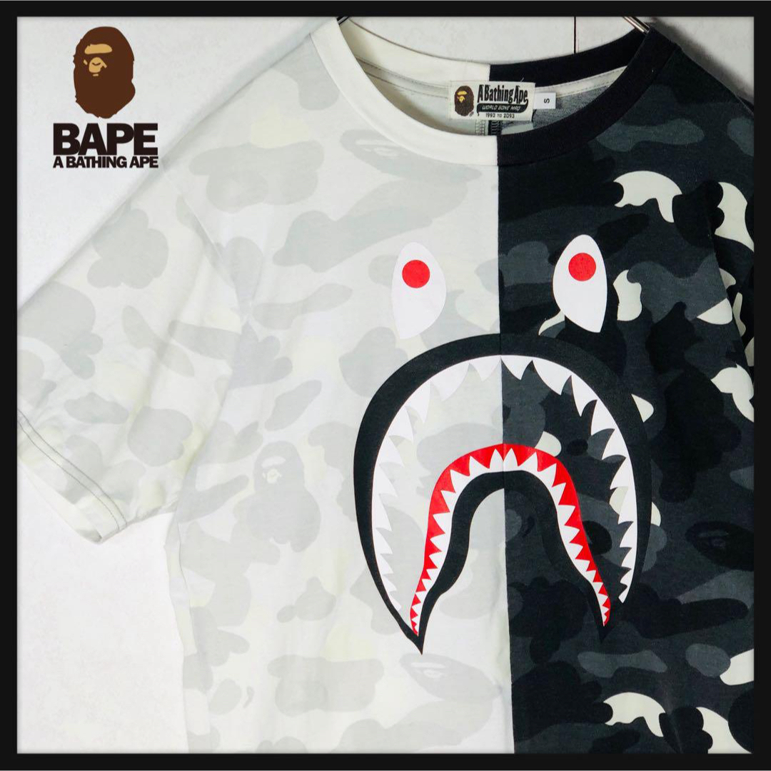 A BATHING APE(アベイシングエイプ)の【人気デザイン】アベイシングエイプ シャークロゴ バイカラー サルカモ 白黒 メンズのトップス(Tシャツ/カットソー(半袖/袖なし))の商品写真