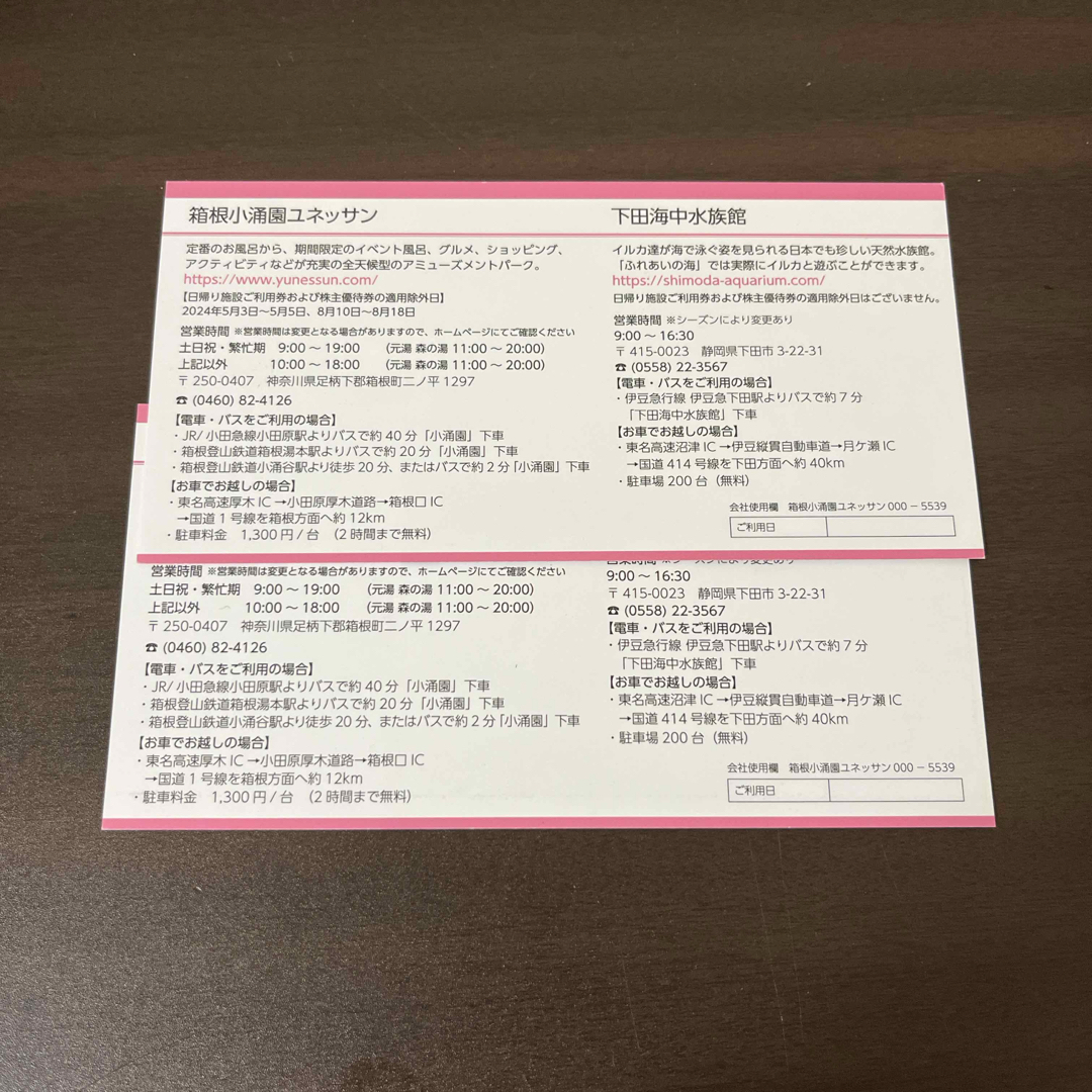 藤田観光　日帰り施設ご利用券　2枚セット　箱根ユネッサン　　下田海中水族館　③ チケットの優待券/割引券(その他)の商品写真