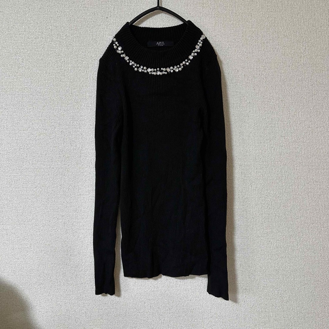 AZUL by moussy(アズールバイマウジー)の※プロフ必読【AZUL】長袖 ビジュー モックネック リブ タイト トップス S レディースのトップス(ニット/セーター)の商品写真