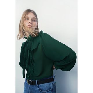 ZARA - ZARA🍋美品　フリルカラー　オーガンジーフルイドブラウス　プリーツスリーブ