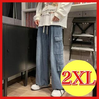 デニムパンツ ポケット 2XL ワイド カーゴ ユニセックス ジーンズ ブルー(デニム/ジーンズ)