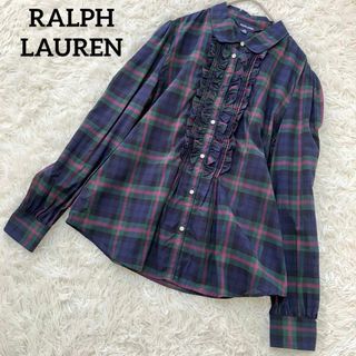 ラルフローレン(Ralph Lauren)の美品 ラルフローレン 裾ロゴ フロントフリル チェックブラウス グリーンチェック(シャツ/ブラウス(長袖/七分))