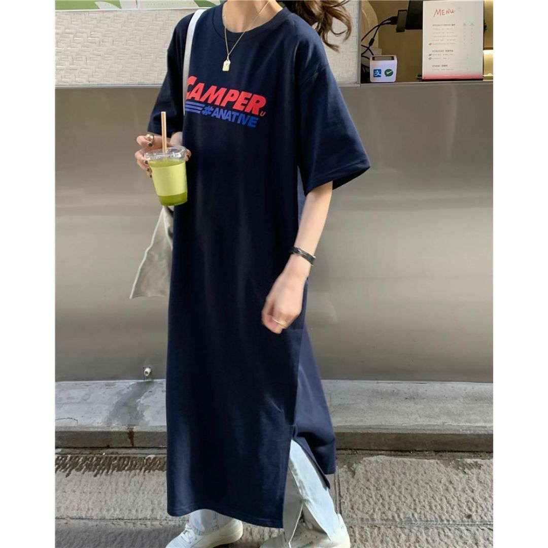 ワンピース チュニック ロング マキシ Tシャツ ネイビー 韓国 オルチャン レディースのワンピース(ロングワンピース/マキシワンピース)の商品写真