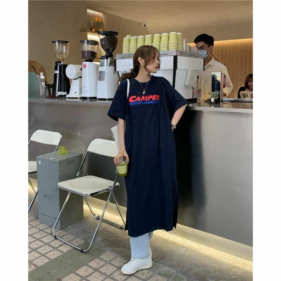 ワンピース チュニック ロング マキシ Tシャツ ネイビー 韓国 オルチャン レディースのワンピース(ロングワンピース/マキシワンピース)の商品写真