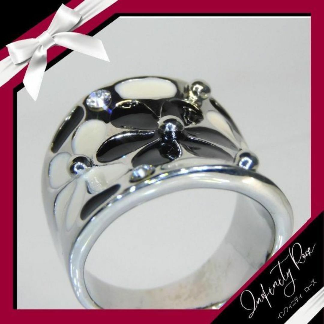 （1180）16号 シルバー×ブラック×アイボリーフラワーリング　指輪 レディースのアクセサリー(リング(指輪))の商品写真