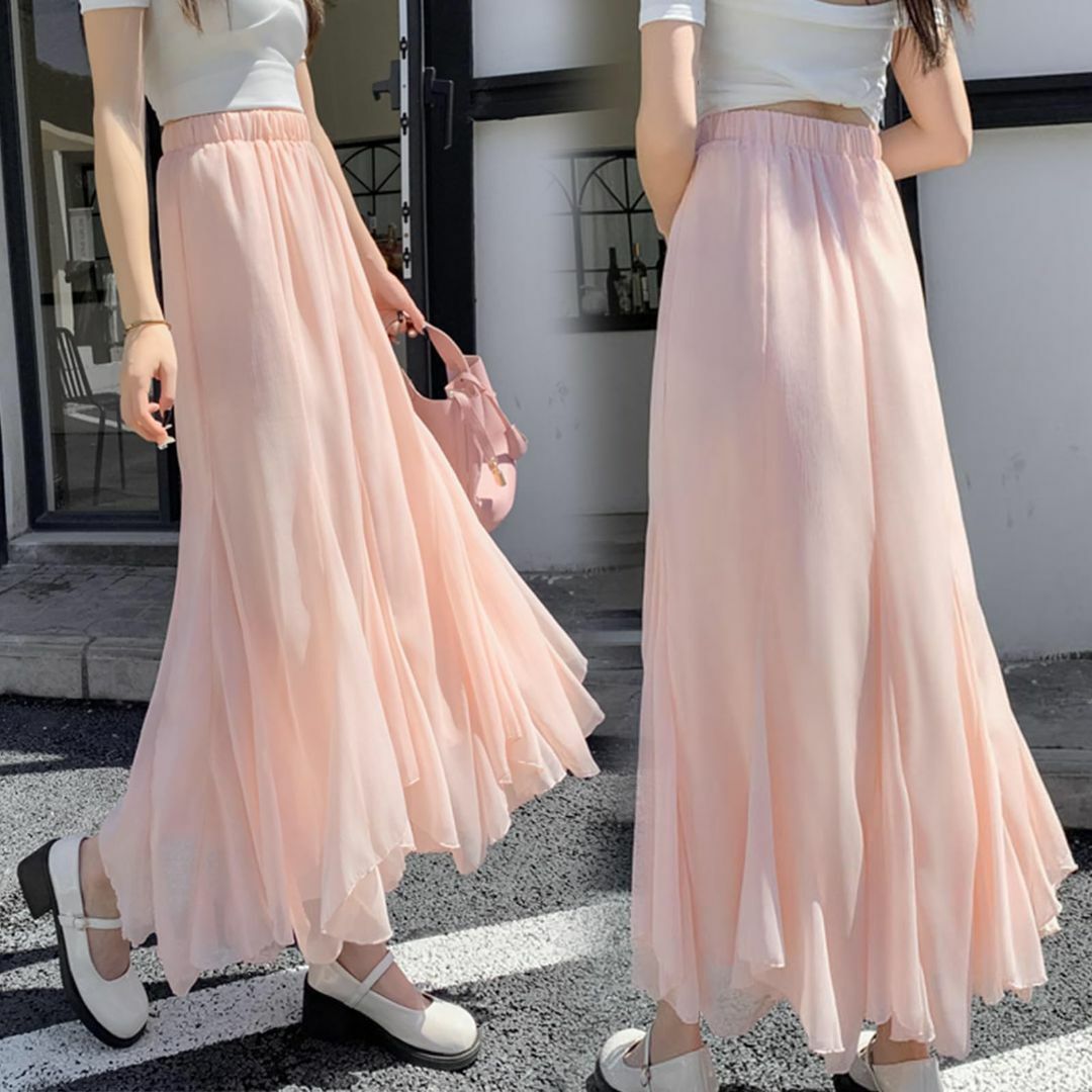 【色: ピンク】[MSFQSNB] シフォンスカート レディース プリーツスカー レディースのファッション小物(その他)の商品写真