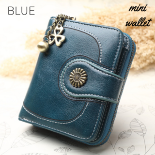 二つ折り財布 ミニ財布 レディース レザー コンパクト 新品 ブルー 小銭入れ