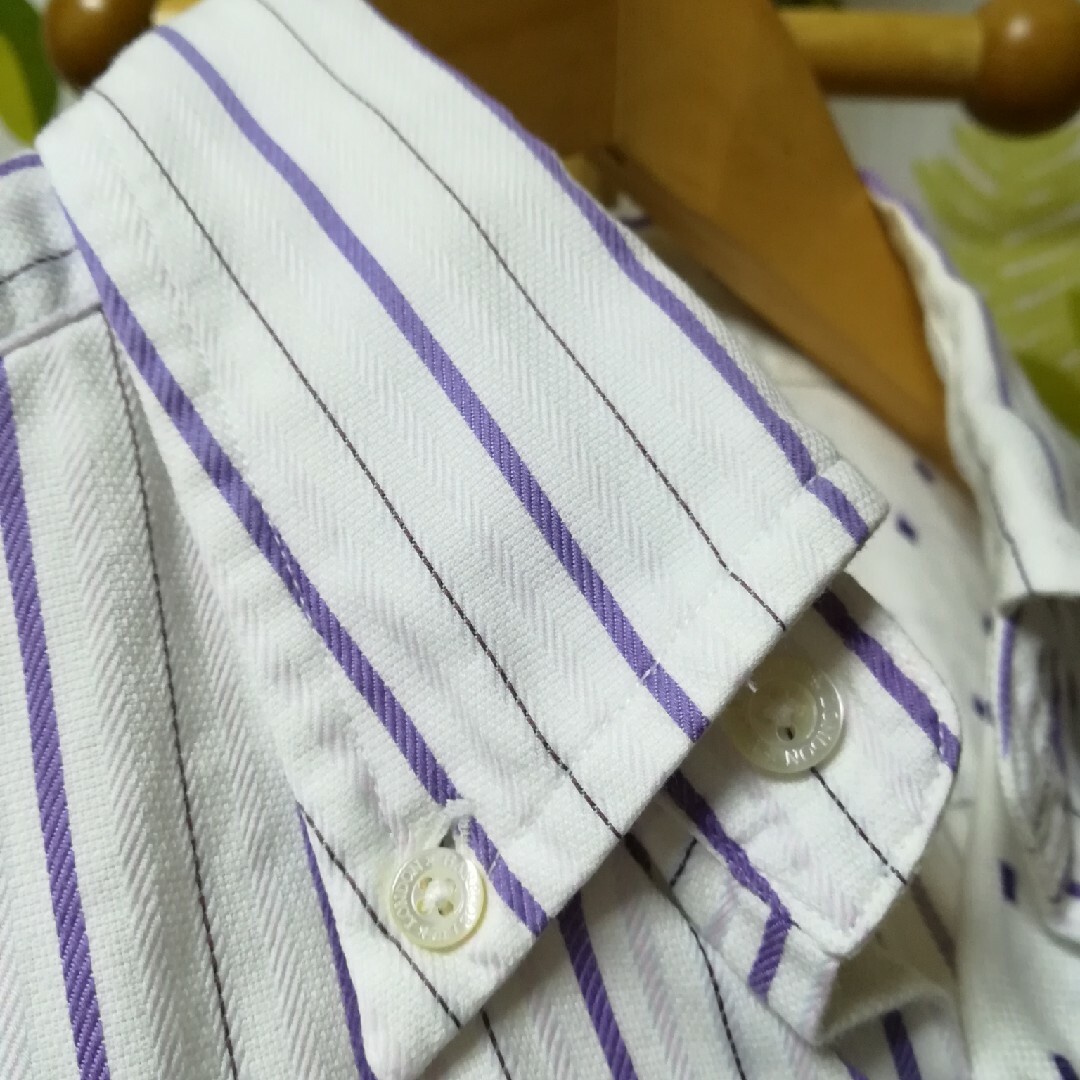 Harrods(ハロッズ)の✨ハロッズ Harrods 紫色縦ストライプ半袖シャツXSサイズ♪ メンズのトップス(シャツ)の商品写真