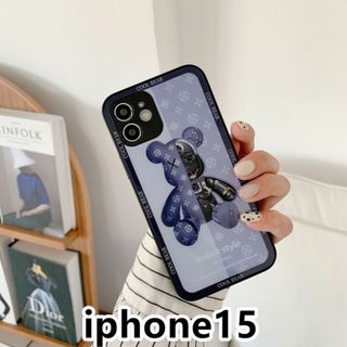 iphone15ケース 可愛い　熊　ガラス　お洒落　耐衝撃ブルー125(iPhoneケース)