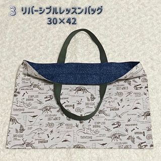 3 レッスンバッグ　リバーシブル　男の子　ハンドメイド　恐竜柄　ベージュ　手提げ(バッグ/レッスンバッグ)