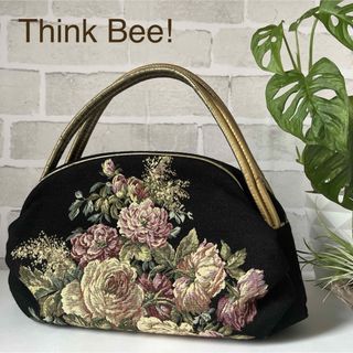 シンクビー(Think Bee!)の極美品✨シンクビー！think bee!花柄 ゴブラン織りバッグ ブラック(ハンドバッグ)