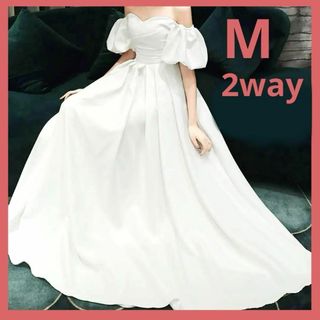 2way 前撮り　ウェディング　パフスリーブ　オフショルダー　結婚式　M　細見え(ウェディングドレス)