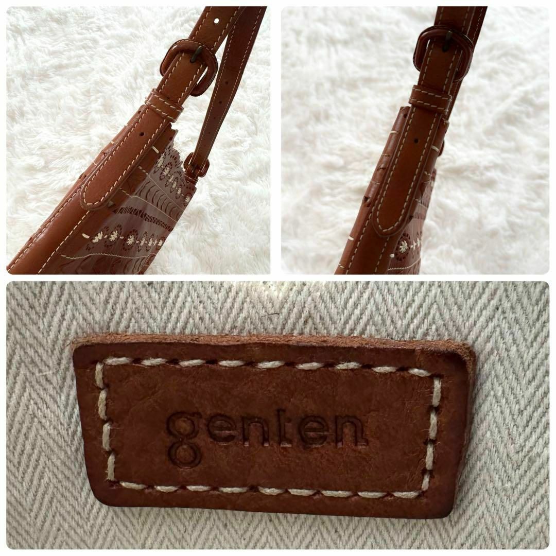 genten(ゲンテン)の美品 gentenゲンテン カットワーク ショルダーバッグ 刺繍花柄 ブラウン レディースのバッグ(ショルダーバッグ)の商品写真