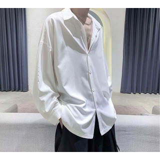 【在庫僅か】オーバーサイズ　メンズシャツ　モード　サテン　白　韓国風　シンプル　(シャツ)