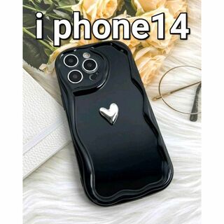 iPhone14ケース　なみなみ　黒　ハート　韓国　かわいい　人気(Androidケース)