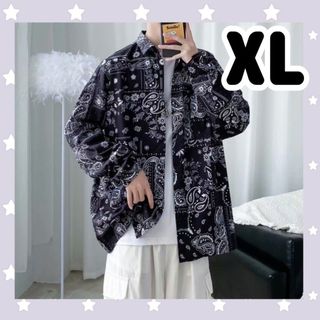 【大好評】シャツ　長袖　柄　ペイズリー　XL　メンズ　モノトーン　カジュアル(シャツ)