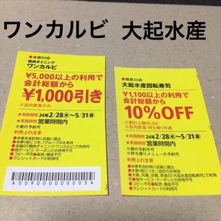 ワンカルビその他割引き券1枚ずつ(フード/ドリンク券)