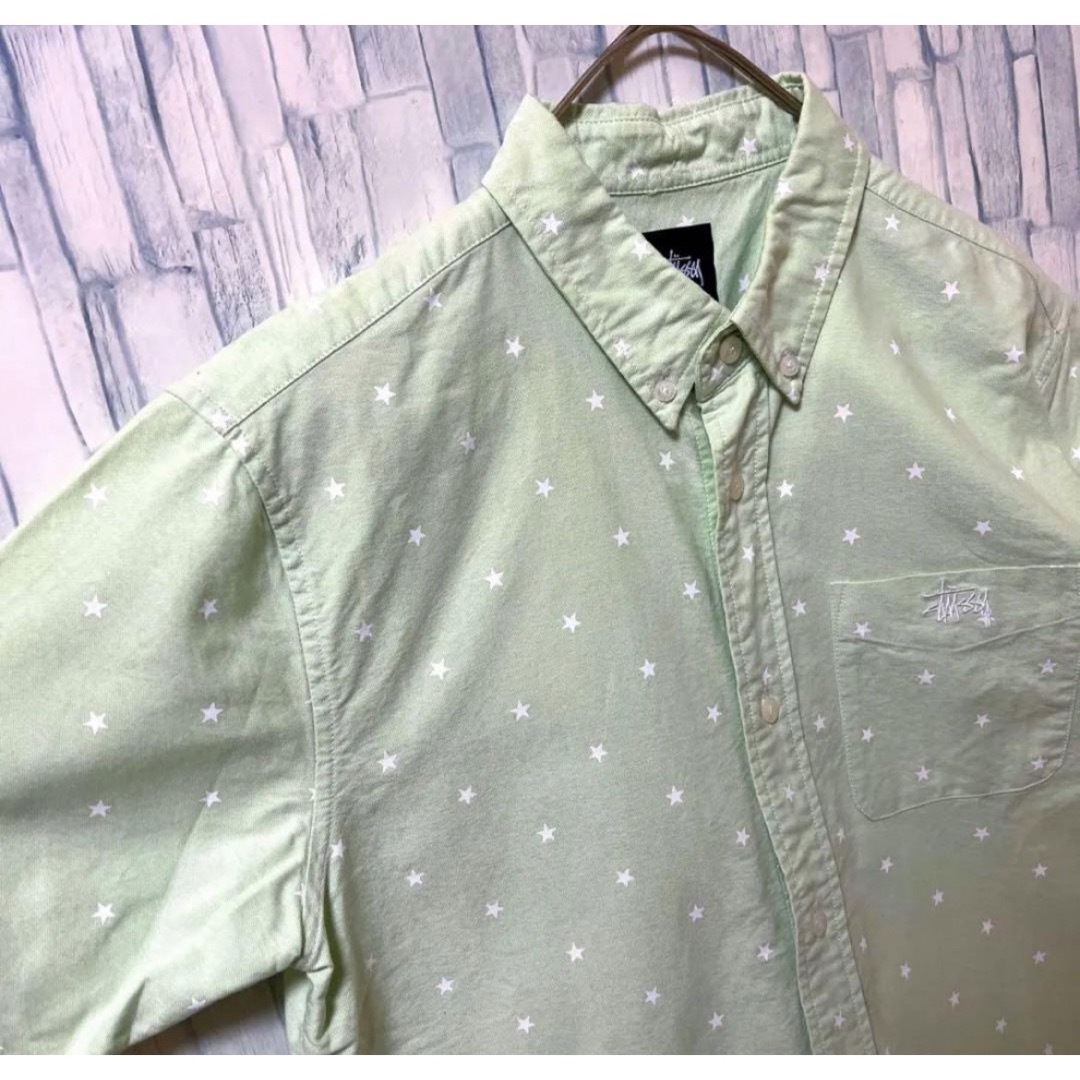 STUSSY(ステューシー)のステューシー 半袖 BDシャツ 刺繍ロゴ グリーン S オックスフォード 星柄 メンズのトップス(シャツ)の商品写真