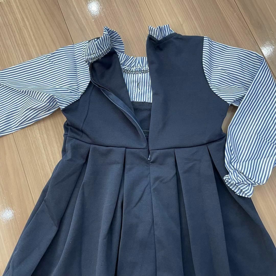 キッズボーダーワンピース紺120サイズ制服風スカートストライプドレス韓国子供服 キッズ/ベビー/マタニティのキッズ服女の子用(90cm~)(ワンピース)の商品写真