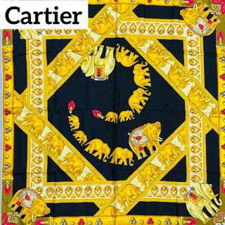 カルティエ(Cartier)の★Cartier★ スカーフ 大判 ゾウ 宝石 ビジュー イエロー ブラック(バンダナ/スカーフ)