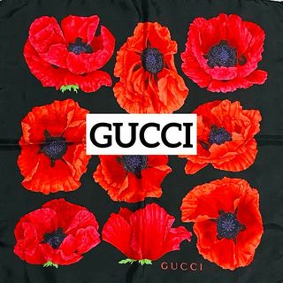 Gucci - 美品 ★GUCCI★ ミニスカーフ 花 ポピー シルク ブラック レッド