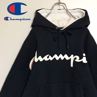 チャンピオン(Champion)の【美品】チャンピオン　デカロゴパーカー　裏起毛　ブラック　H690(パーカー)