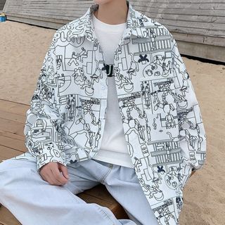 【新品】長袖　シャツ　イラスト　コミカル　ホワイト　2XL　メンズ　ストリート(シャツ)