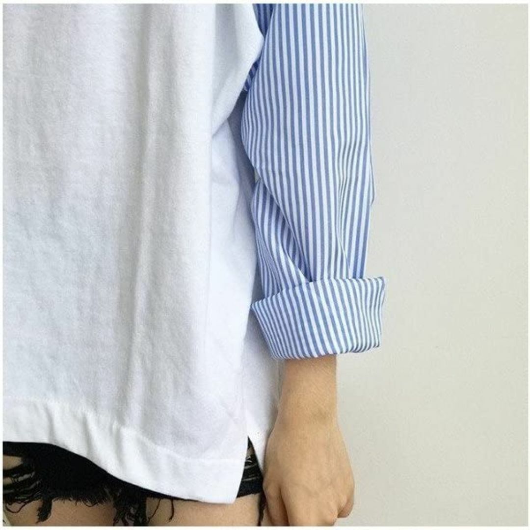 【色: ホワイト】チュニック シャツ ブラウス トップス ストライプ ドッキング レディースのファッション小物(その他)の商品写真