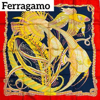 Salvatore Ferragamo - 美品 ★Ferragamo★ スカーフ 大判 魚 シルク レッド