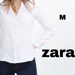 ZARA - ザラ zara リネン Vネック 長袖 シャツ M シンプル ノーマル ホワイト
