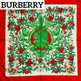 バーバリー(BURBERRY)の★BURBERRY★ スカーフ 大判 花 エンブレム シルク レッド グリーン(バンダナ/スカーフ)