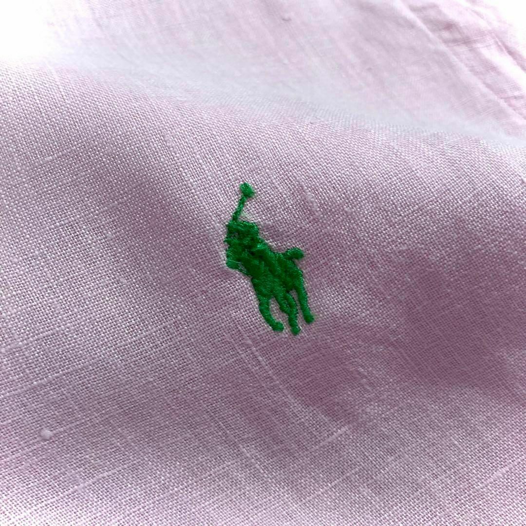 POLO RALPH LAUREN(ポロラルフローレン)のポロラルフローレン リネンシャツ ピンク 半袖 ロゴ刺繍 Mサイズ レディースのトップス(シャツ/ブラウス(半袖/袖なし))の商品写真