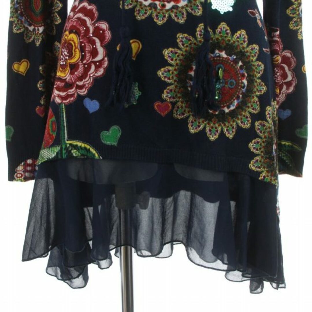 DESIGUAL(デシグアル)のデシグアル フレアワンピース ニット フリル シアー キーネック XS 紺 レディースのワンピース(ひざ丈ワンピース)の商品写真