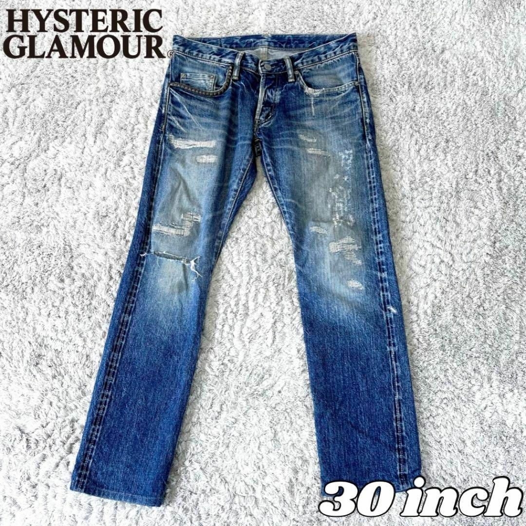 HYSTERIC GLAMOUR(ヒステリックグラマー)のヒステリックグラマー スタッズポケット ダメージデニム 革パッチ W30 メンズのパンツ(デニム/ジーンズ)の商品写真