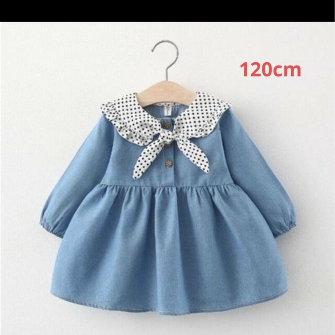 女の子　ドットリボン♥ワンピース　コットン　無地　120cm キッズ/ベビー/マタニティのキッズ服女の子用(90cm~)(ワンピース)の商品写真