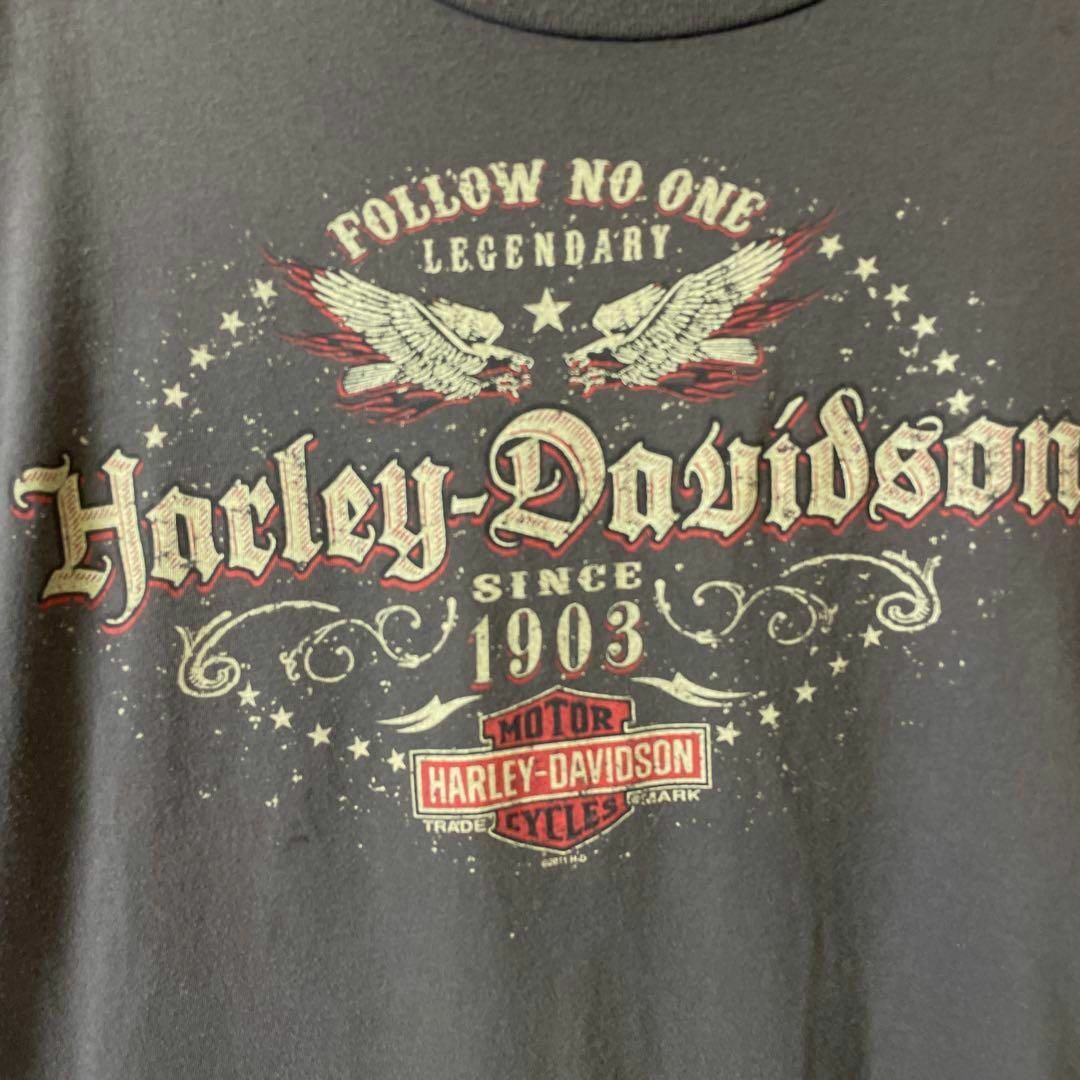 Harley Davidson(ハーレーダビッドソン)のハーレーＴ　両面ロゴ　オーバーサイズＬ　アメリカンバイク　灰色グレー　メンズ古着 メンズのトップス(Tシャツ/カットソー(半袖/袖なし))の商品写真