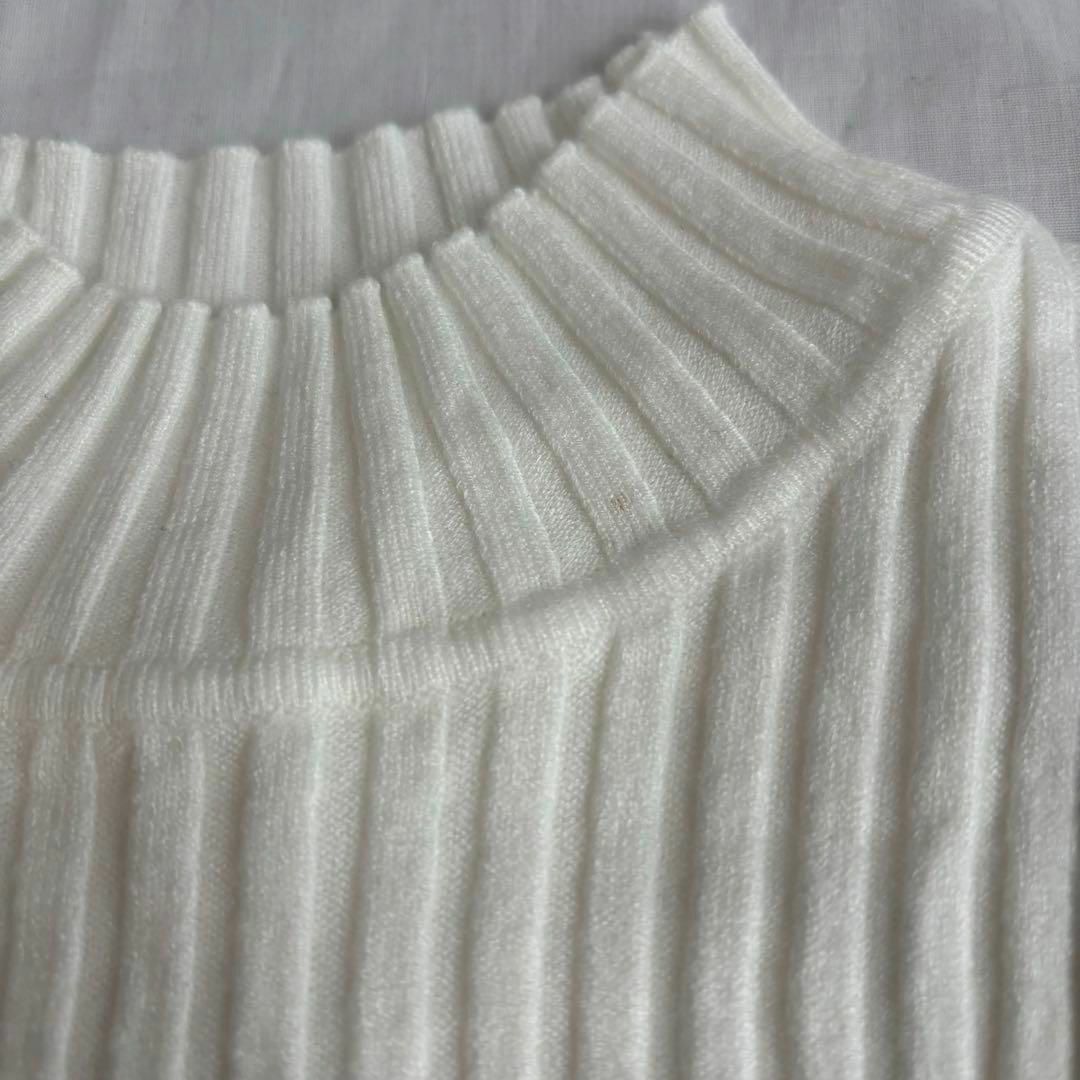 五分袖 リブニット ニットソー ハイネック セーター レディース　ホワイト　F レディースのトップス(カットソー(半袖/袖なし))の商品写真