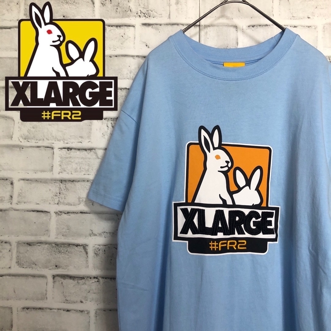 #FR2(エフアールツー)の美品⭐️FR2×XLARGE コラボTシャツM 刺繍ロゴ スカイブルー×オレンジ メンズのトップス(Tシャツ/カットソー(半袖/袖なし))の商品写真