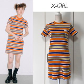 エックスガール(X-girl)の【美品】X-girl PETALLOGOSTRIPED BABYDRESS(ミニワンピース)