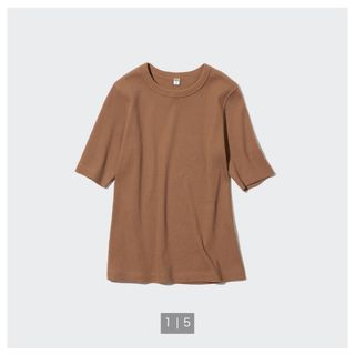 ユニクロ(UNIQLO)のユニクロ リブクルーネックT 5分袖 XL ブラウン(Tシャツ(半袖/袖なし))