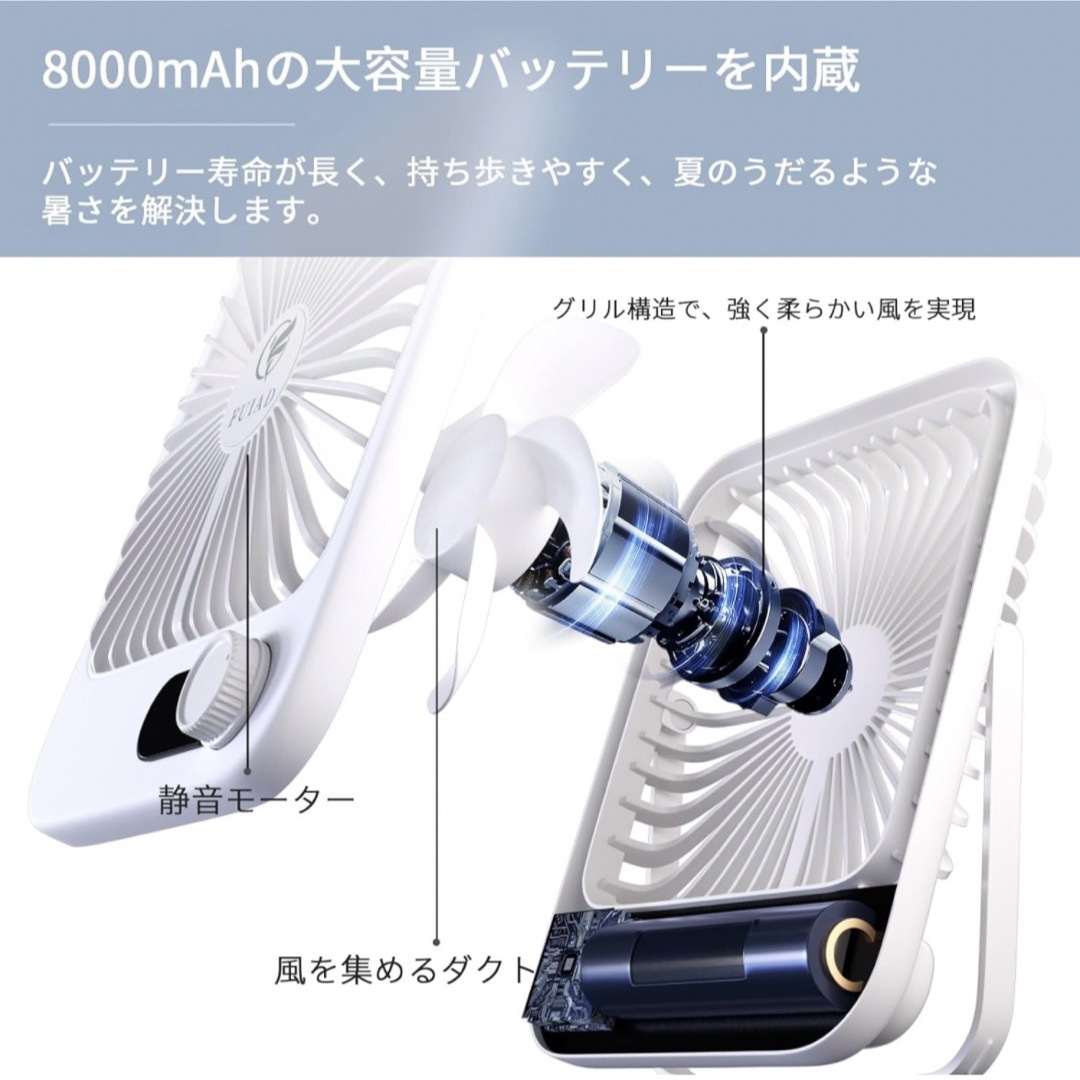 【FUIAD】卓上扇風機 充電式 折り畳みLED 大容量バッテリー ホワイト スマホ/家電/カメラの冷暖房/空調(扇風機)の商品写真