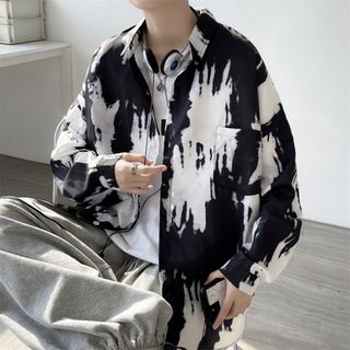 残り僅か！モード　韓国　柄シャツ　黒白　個性  XL　メンズ(シャツ)